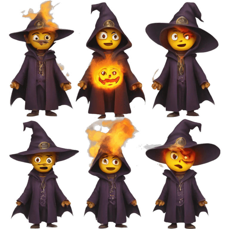 Human demonologist in a wizard costume, surrounded by a fiery halo, Halloween theme, emoji emoji