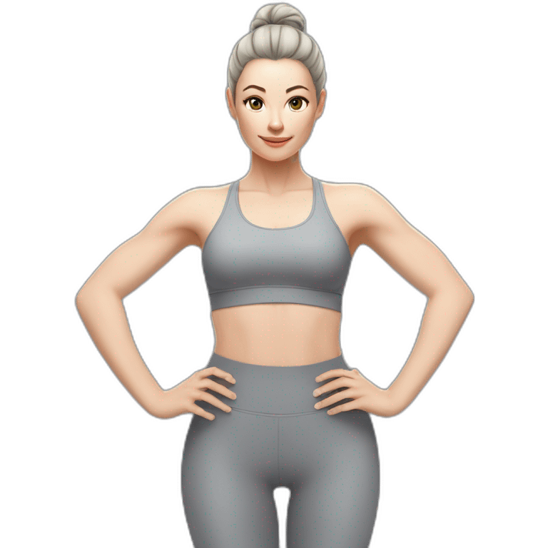 Pale skinned fit woman In a gray tight yoga suit and wristbands With black hair in a bun doing yoga emoji