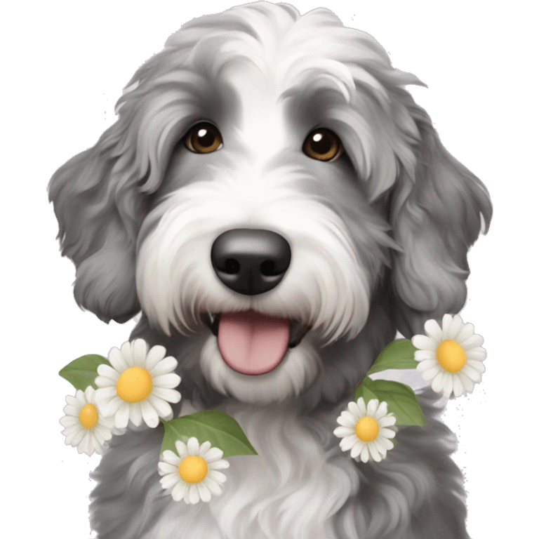 Grey and white Miniature aussiedoodle smelling flowers  emoji