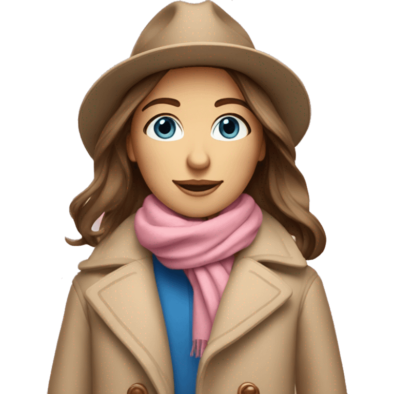 Brown straight hair blue eyes tan beige hat on white scarf pink coat  emoji