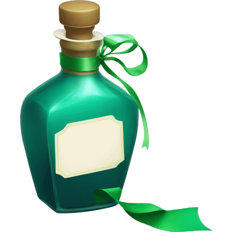 Teal and green magic potion tilted diagonally with white label blank for ribbon  emoji