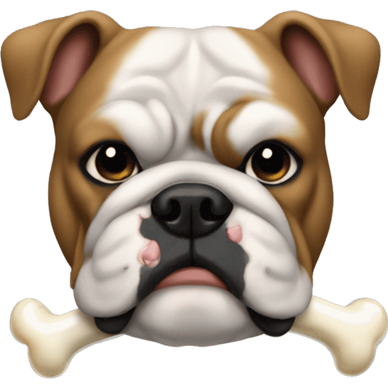 an bulldog, who has a bone in his mouth, he all black his coulour, he look cute emoji