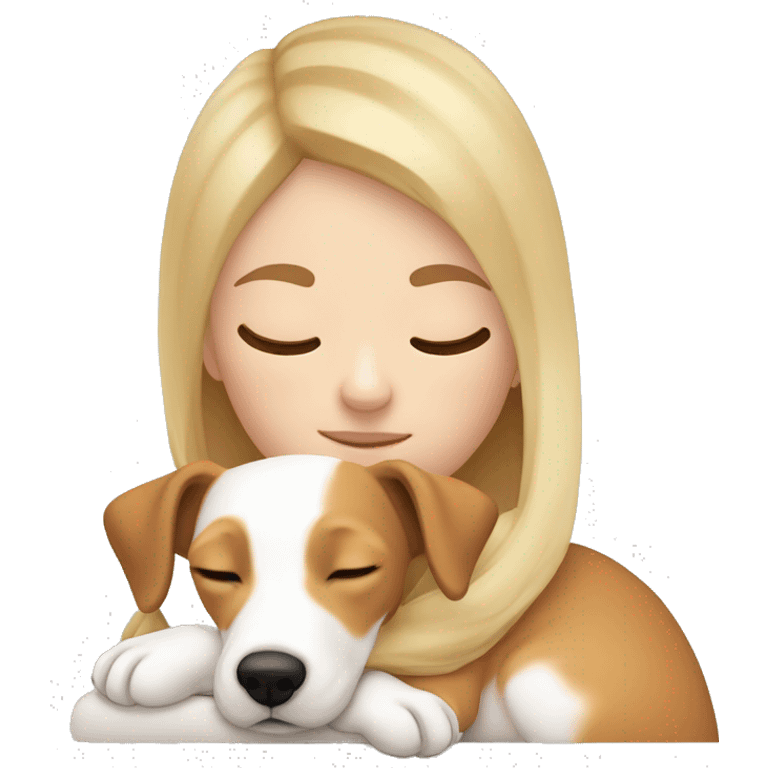 White blonde girl who sleeping in cuddle with her jack russel who have the face full ligh brown / light orange  emoji