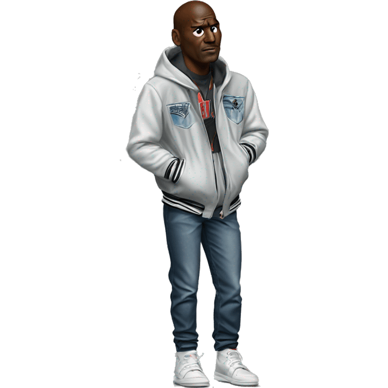 Michael Jordan in a jacket holds his head and is sad photorealistic serious emoji