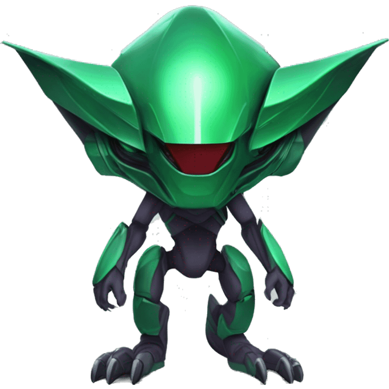 a black-green Genesect-Raptor-Fakémon—hybrid with a futuristic visor-helmet full body emoji