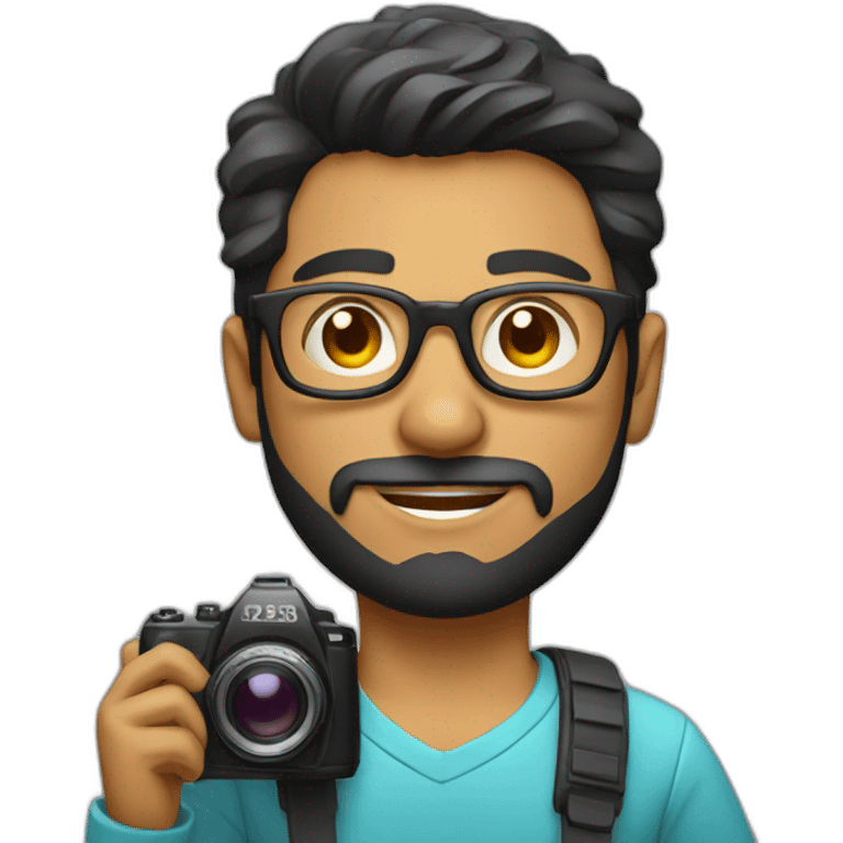 Young Latino film director with small beard and glasses holding a cinema camera emoji