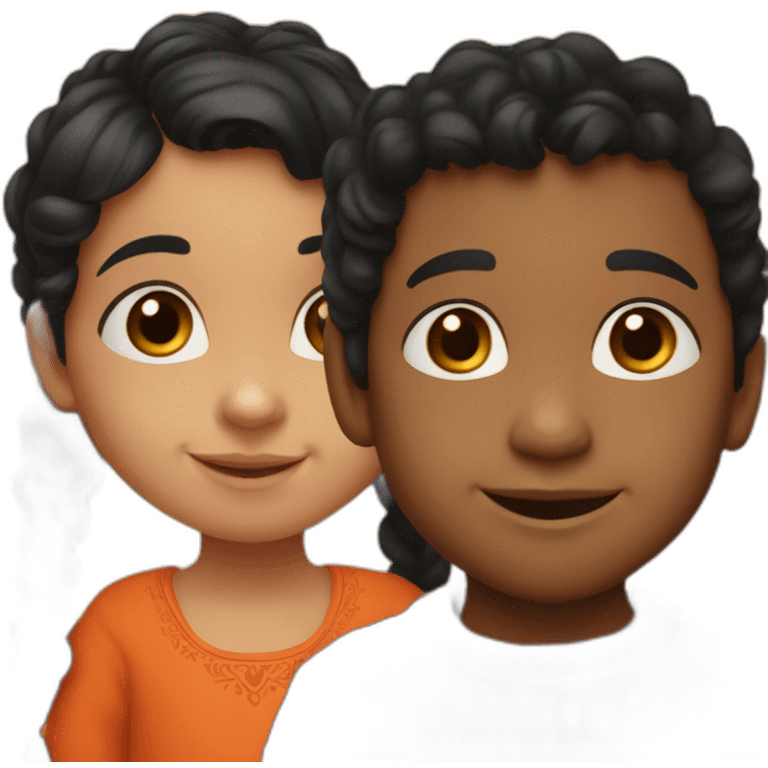 smiling 3 years old indian girl with black curly hair in pigtails wearing a orange dress with a smiling 3 years old indian boy with black hair wearing a dark red sweater emoji