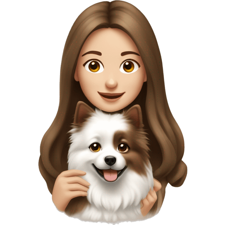 beautiful girl with brown hair with her cream-white spitz dog emoji