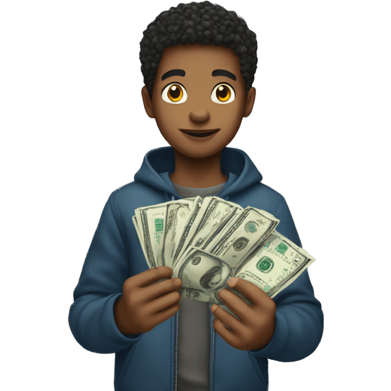 multi-racial boy holding dollar sign emoji