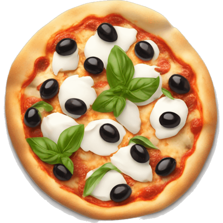 pizza with buffalo mozzarella, basil leaves and  black olives  emoji