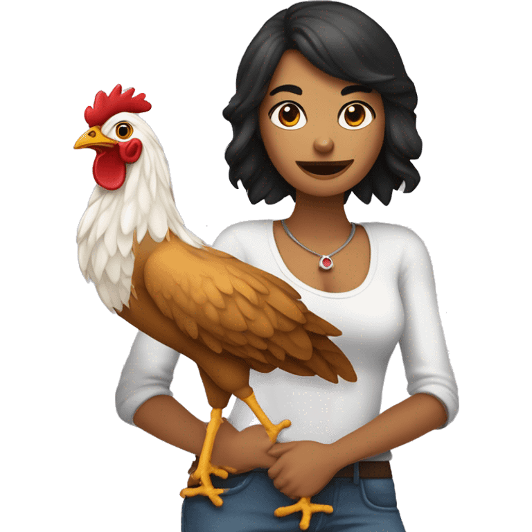 Chica de piel morena con un gallo de mascota emoji