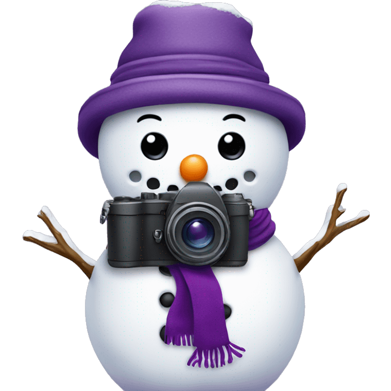 cute snowman with a purple hat and purple scarf holding a camera  emoji