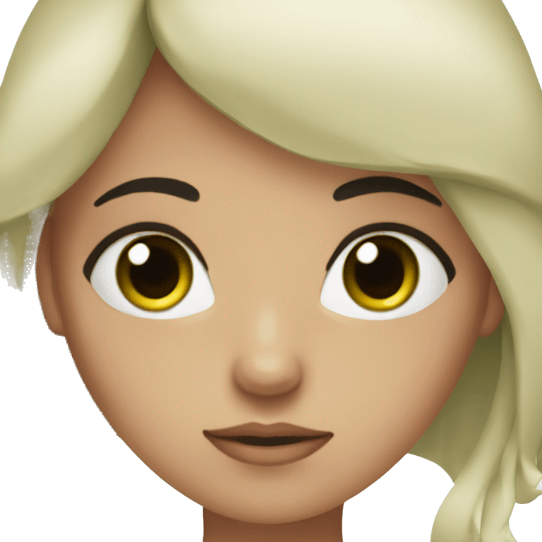 The girl has dark brown hair, black eyebrows and eyelashes, green eyes and is sick emoji