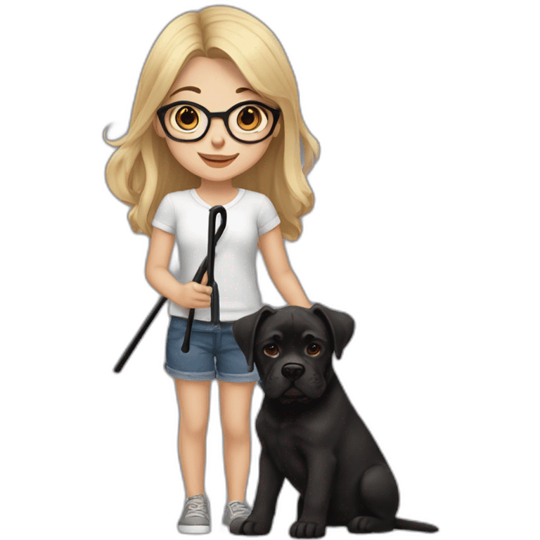 Blonde girl with black glasses and Brown eyes holding a black cane corso puppy emoji