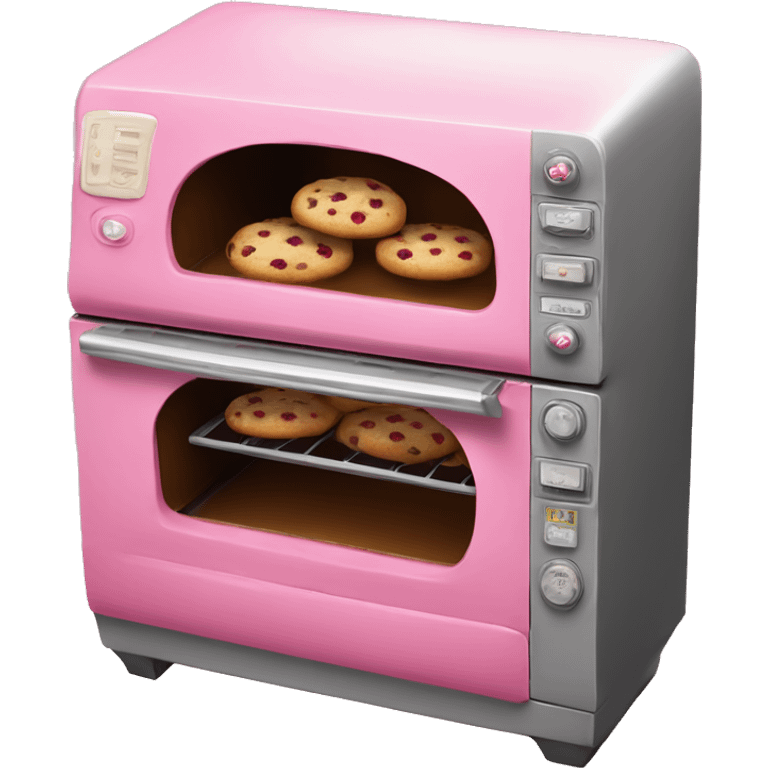 Realistic vintage raspberry pink oven with cookies baking inside of it. emoji