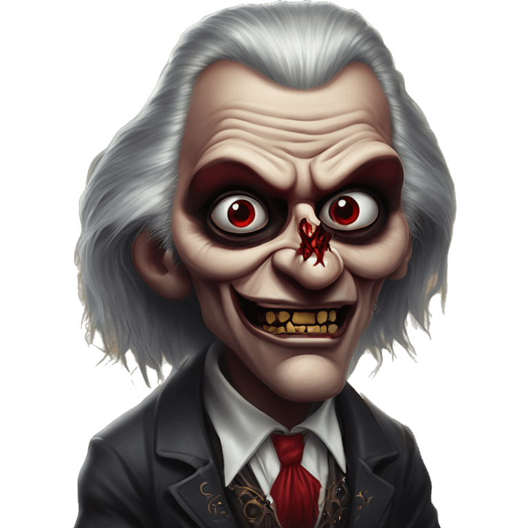 Devious Lordi vampire in Uncle Scrooge style, oil paint, mysterious eyes, intricate lips, masterpiece pose, odd perspective, beautiful, desirable, logical emoji