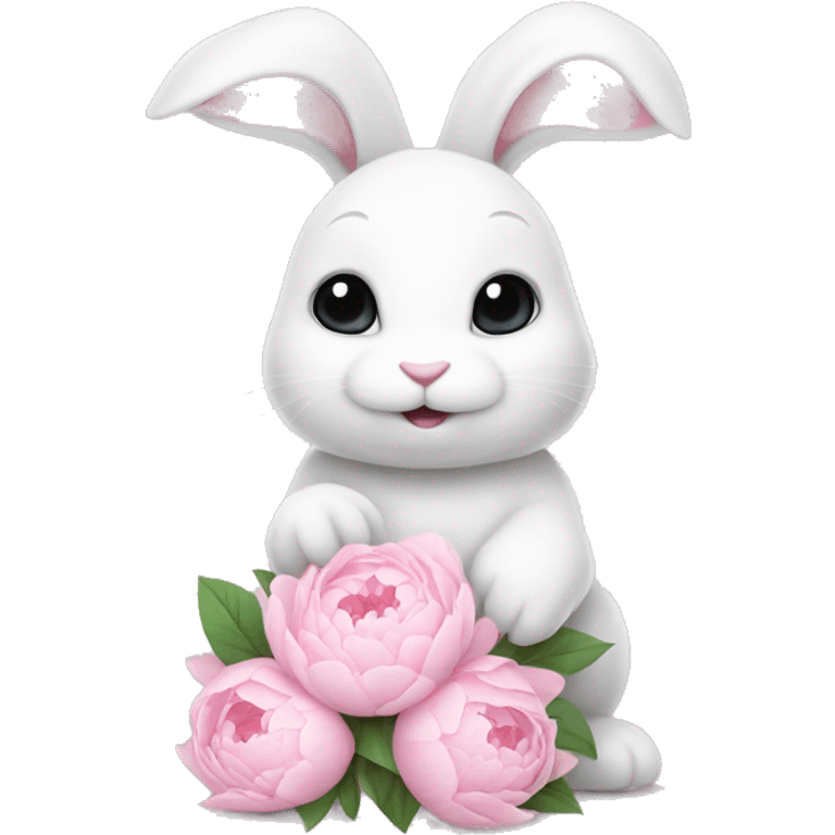 cute white bunny holding light pink peonies emoji