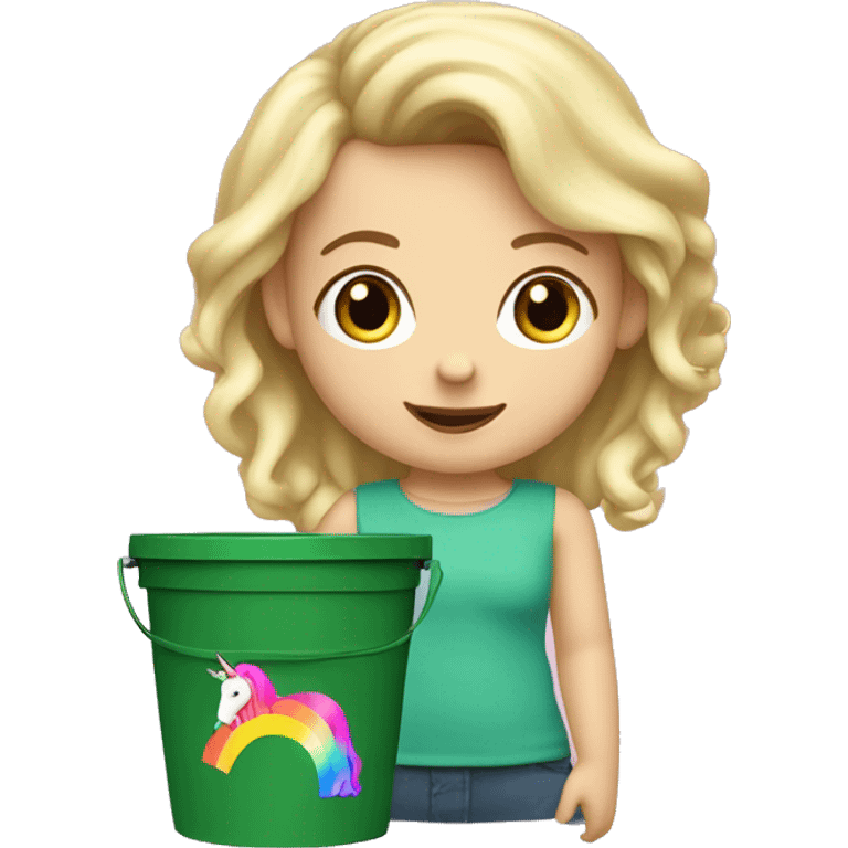 Caucasian female two year-old with blonde hair, ￼￼ writing, a pink unicorn with rainbow colored hair inside of a green bucket emoji