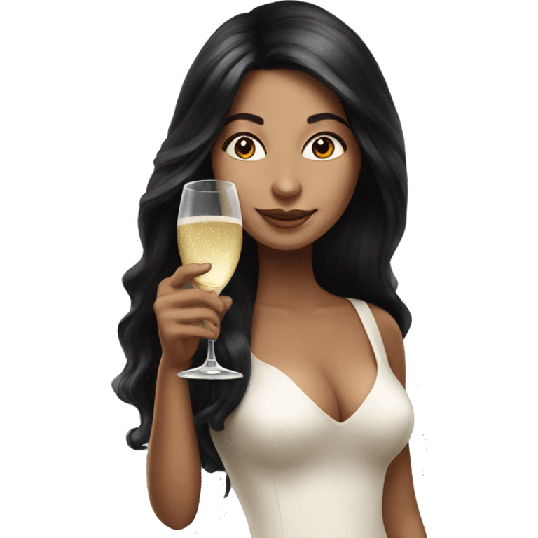 Hyperrealistic woman with black long hair drinks champagne emoji