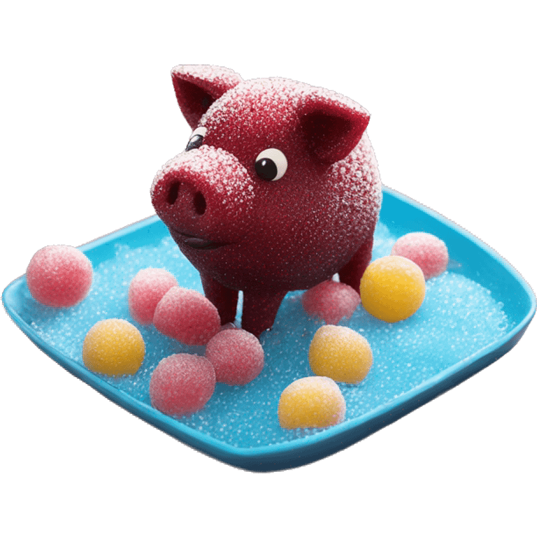 Sparkling Pig made of maroon sparkling sour candy laces andc sweets walking covered in sugar  emoji