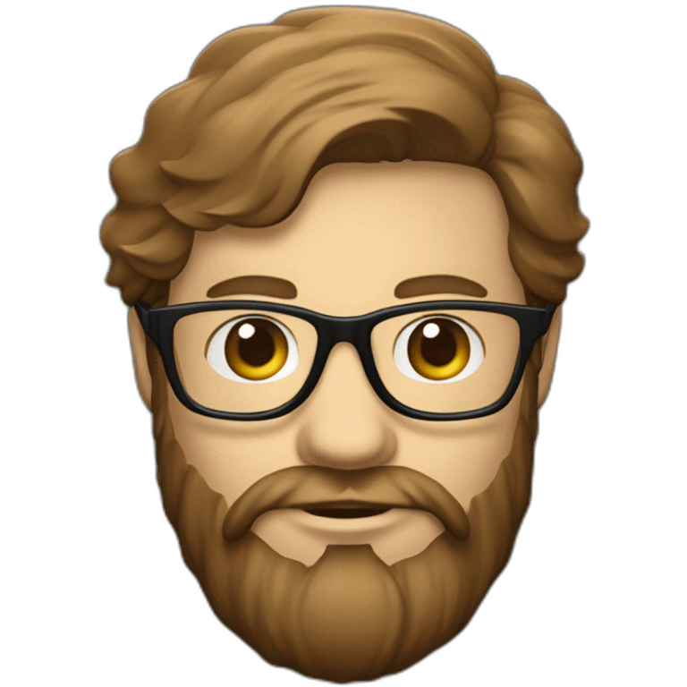 Un visage d’un homme blanc, cheveux couleur châtain avec une barbe couleur châtain bien taillée des lunettes de vue, coiffé en arrière et un casque audio  emoji