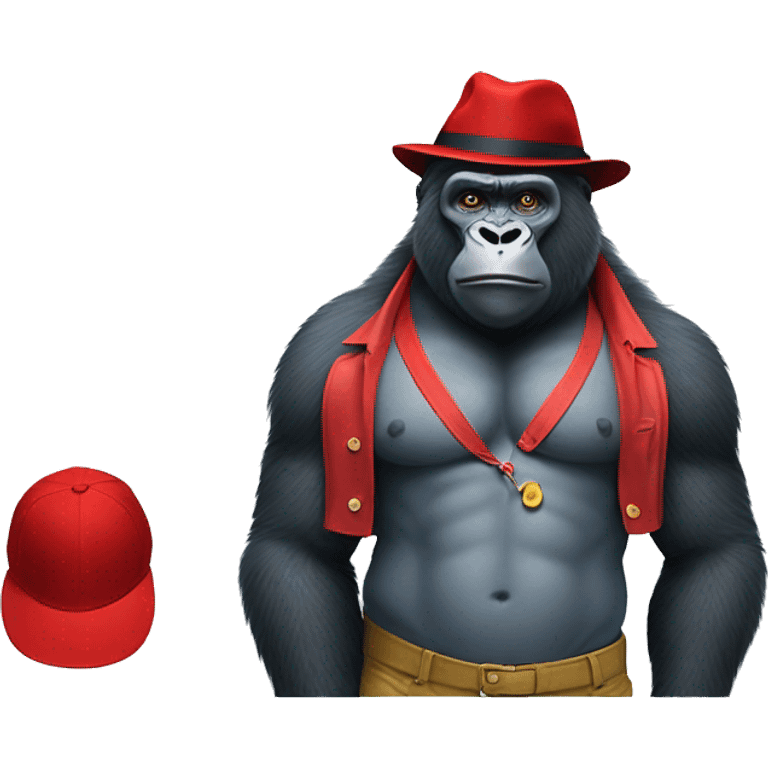 gorilla in paddington bear's  blueclothes and red hat, full body musular  emoji