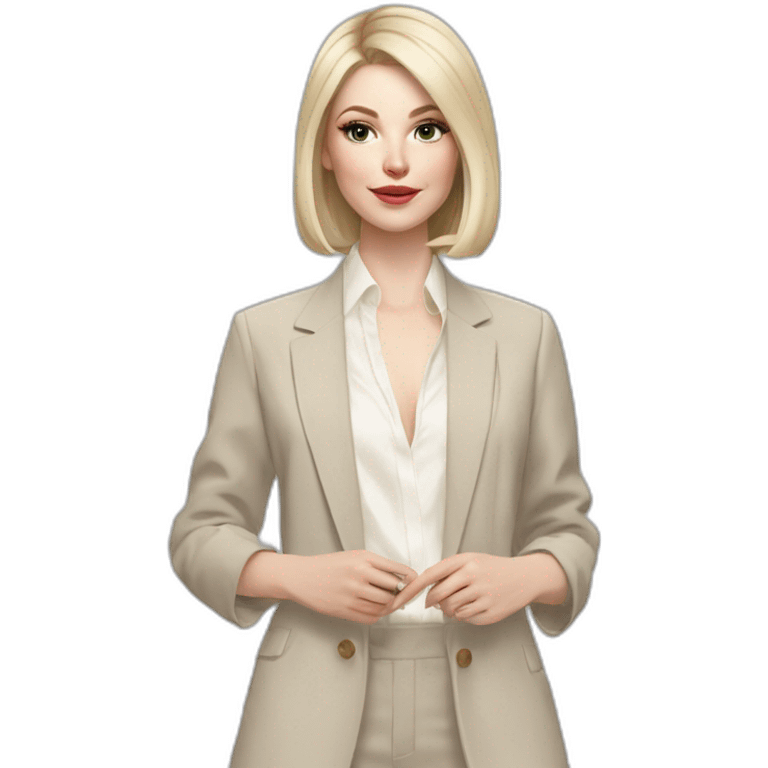 pale skin woman with ash blonde Straightened bob Hair, White Spacious classical jacket, beige palazzo Arrow pants and gray blouse holding a color palettes in the hands emoji