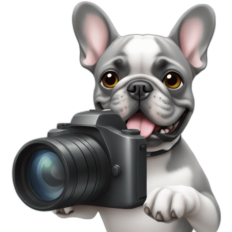 grey French bulldog taking a picture emoji