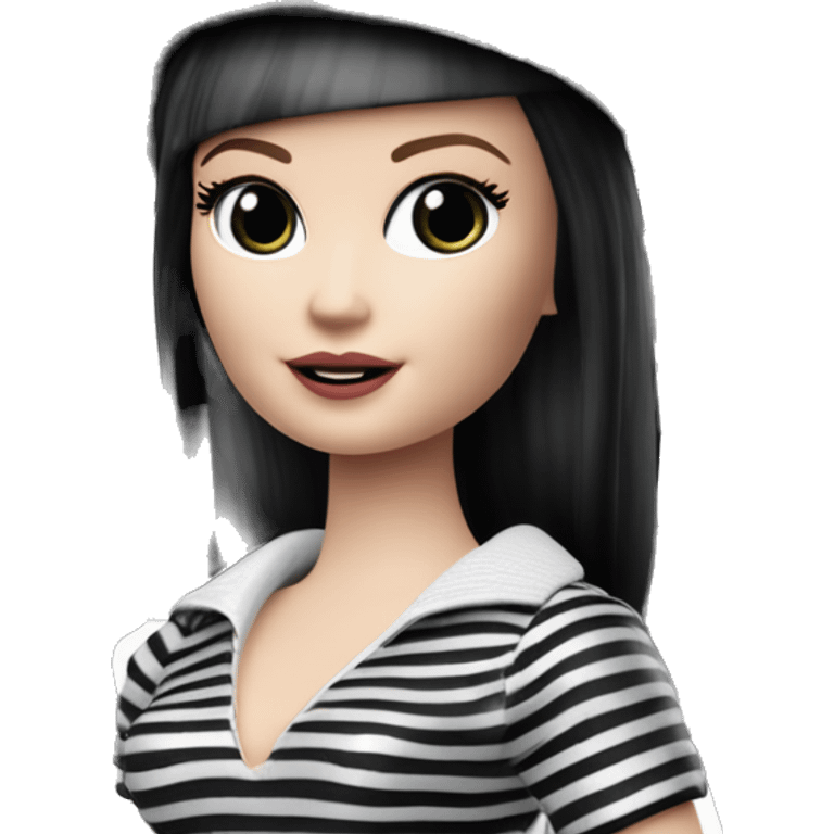 Beach Beauty Barbie, 1965 Wednesday Addams from academy, in dark-gray and black striped outfit with hat. Smiling Driving Mercedes convertible sports car. Pale-white porcelain skin.  emoji