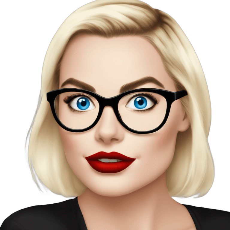 Real Margot Robbie, bright blue eyes and winged eye liner, red kisses, wearing black glasses  emoji