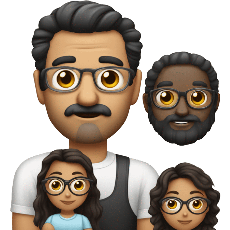 Padre con lentes, bigote y cabello negro, moreno claro. Madre con Cabello negro largo y tez clara. Hija con pelo rizado largo, hija con pelo largo lacio. Todos con ojos cafés emoji