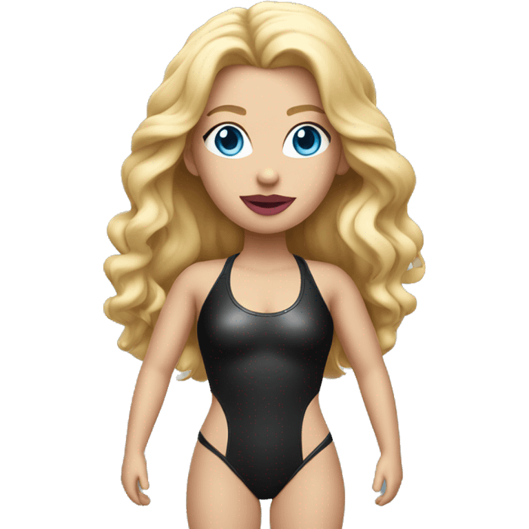 Woman with blue eyes, pink lips and long blonde hair. black swimsuit. Leather band with metal ring around neck emoji