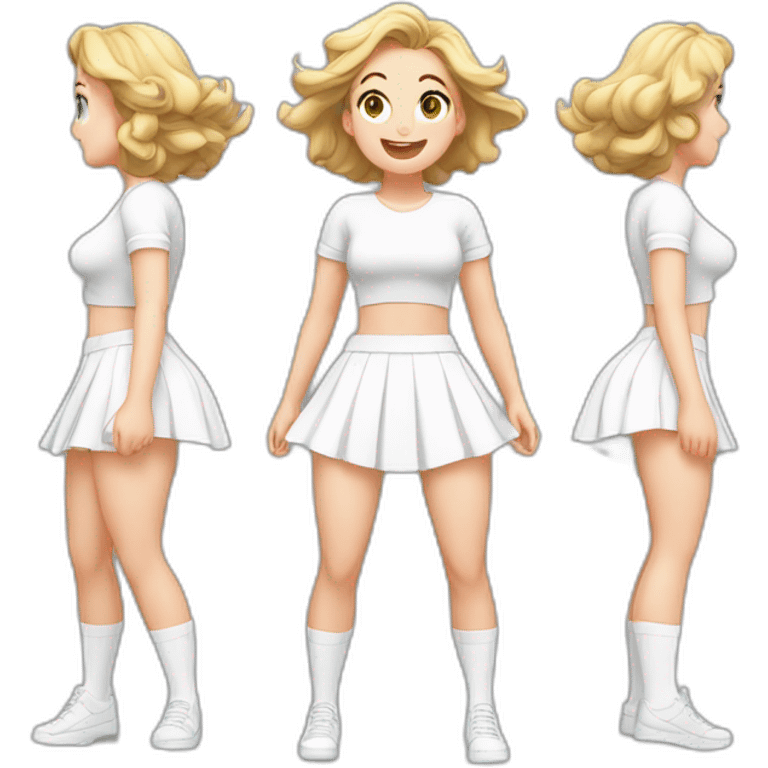 full-body-caucasian-curvy-beauty-jumping-short-black-skirt-back-and-front-views-strong-wind-white-knickers-long-white-socks emoji