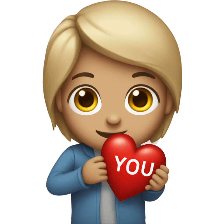 me holding a heart with the word "you" in it emoji