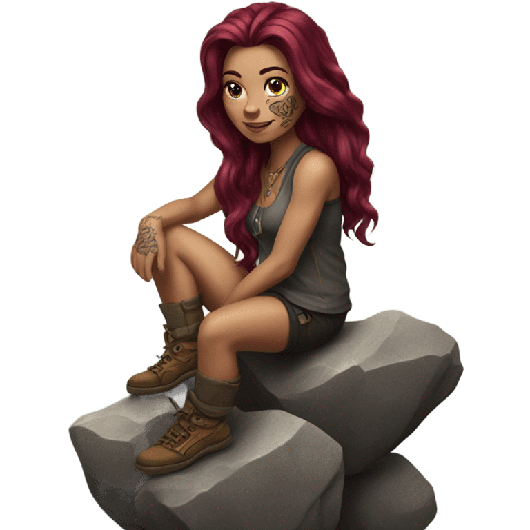 Beautiful tattooed woman long burgundy hair climbing rocks emoji