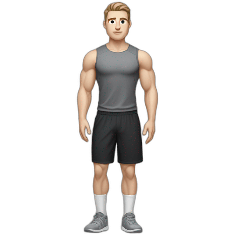 Pale skinned Fit Man With the biceps and dark brown hair in black shirt, gray sports shorts and white Sneakers emoji