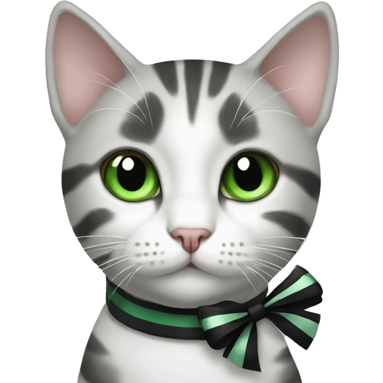 Cat with green eyes white cat with grey patches and black stripes with a bow emoji