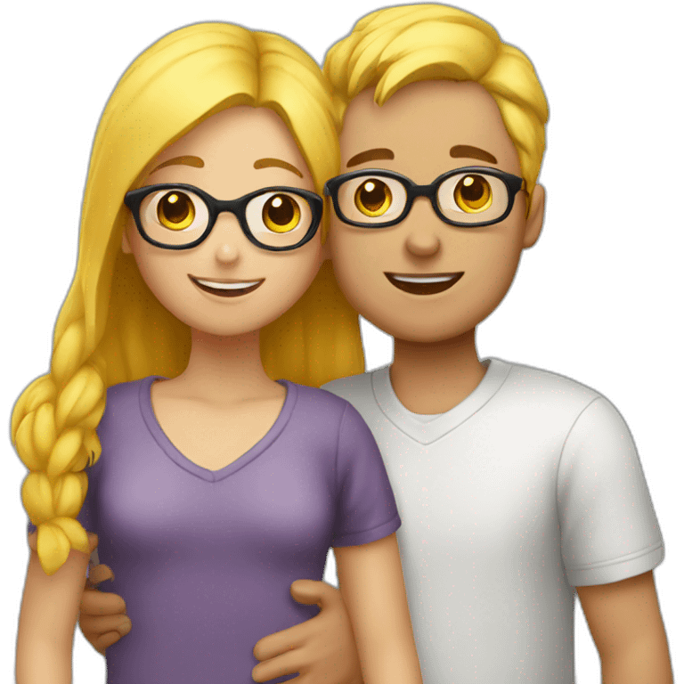 Boy with yellow hair and glasses hugging girl with black hair and glasses emoji