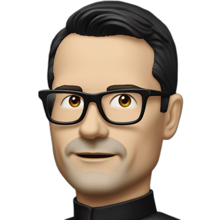 small photo realistic Ralf Hutter from Kraftwerk, short straight black hair, Dark Brown eyes, black glasses, lean, black shirt, riding a Tesla emoji