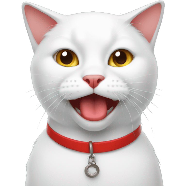 White cat with red collar and fish in mouth emoji