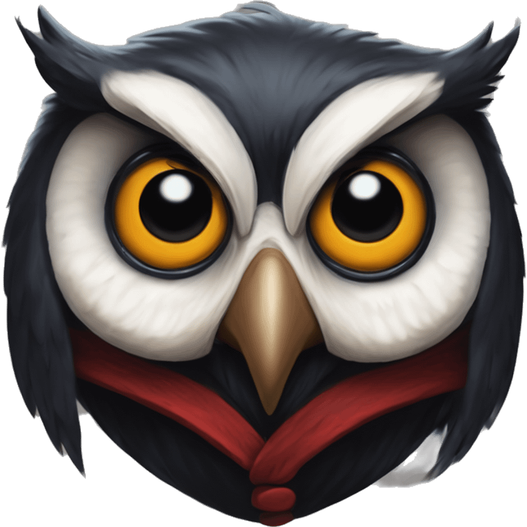 Vampire owl in Uncle Scrooge style, oil paint, mysterious eyes, intricate lips, masterpiece pose, odd perspective, beautiful, desirable, logical emoji