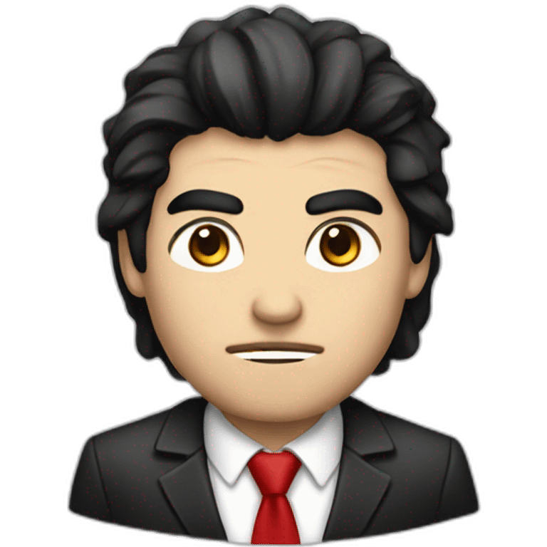 Boss, white skin, black hair, brown eyes, black jacket with red tie. angry emoji