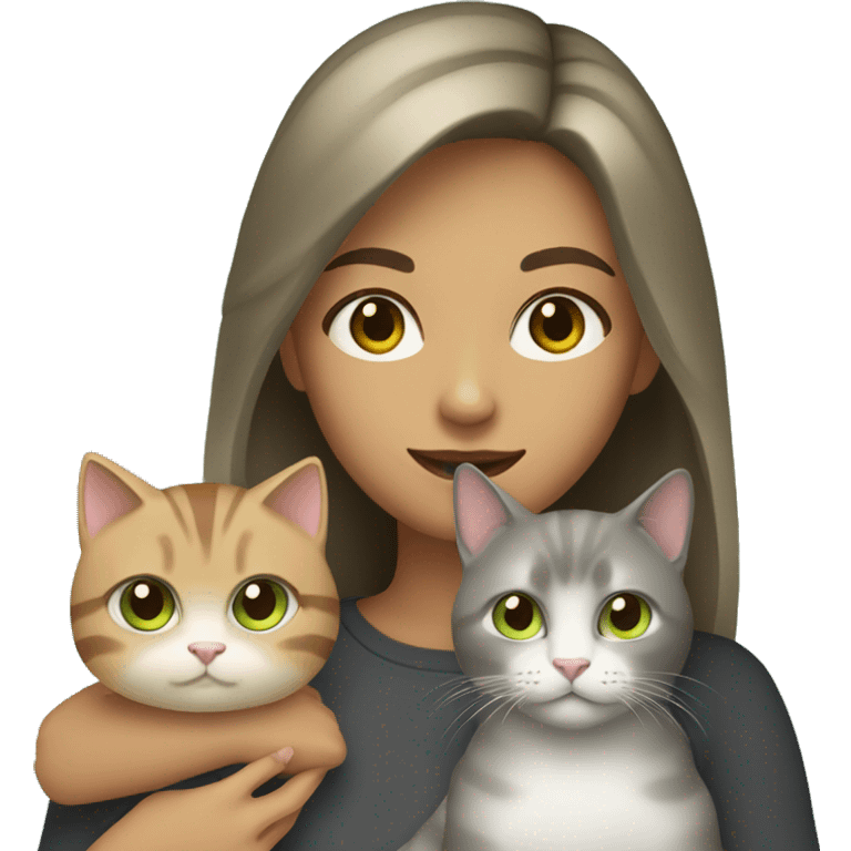 Woman with dark blonde hair and hazel eyes holding a dark grey cat with light green eyes emoji