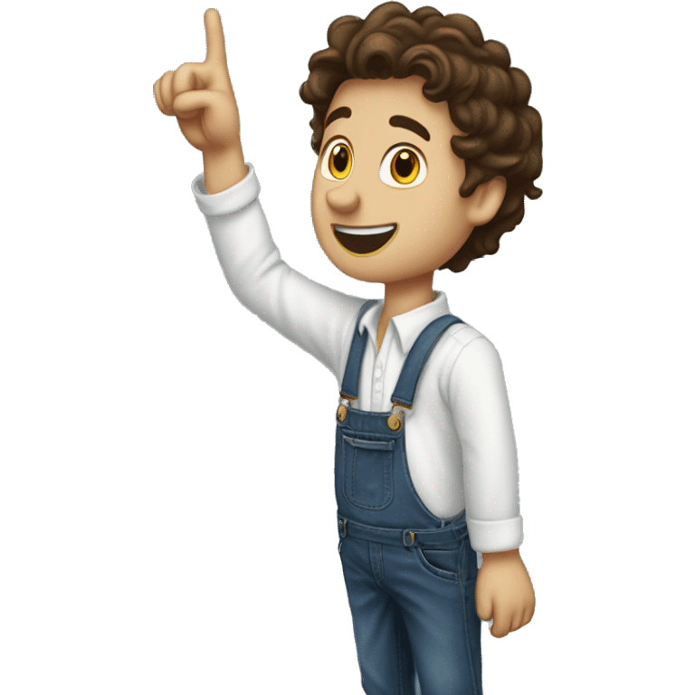 white boy pointing to the sky, dark brown wavy hair, wearing blue jeans overalls and white shirt, half body, from behind emoji