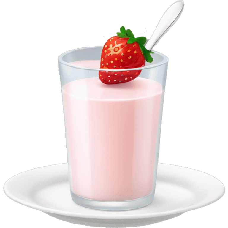 hot strawberry milk in a white glass with a small plate underneath and Above it is a spoon emoji