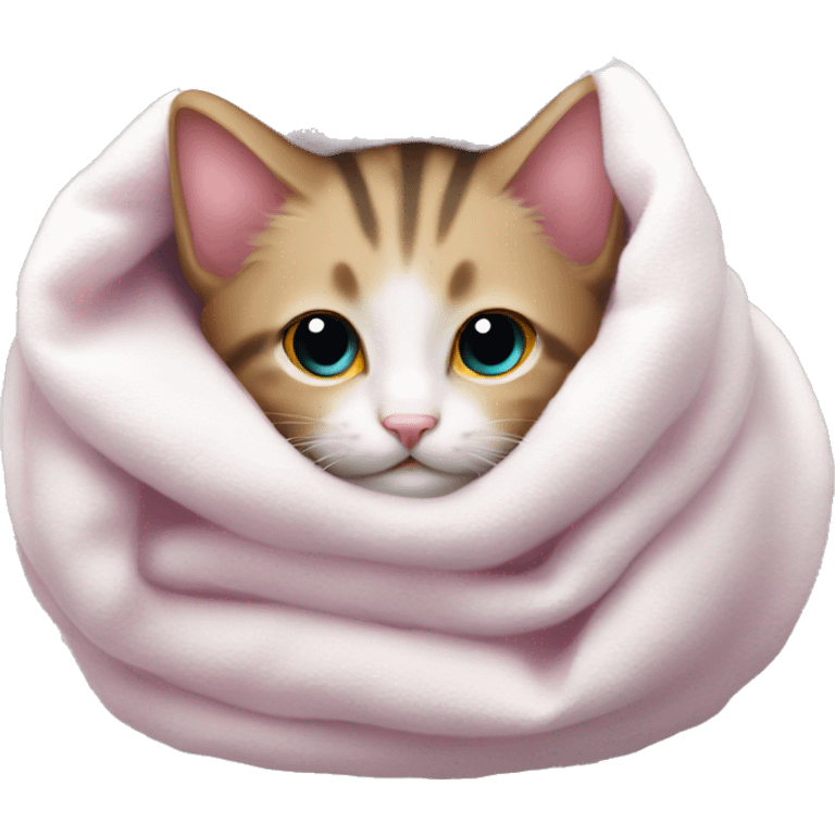 a kitten rolled up in a white soft blanket with a pink nose emoji