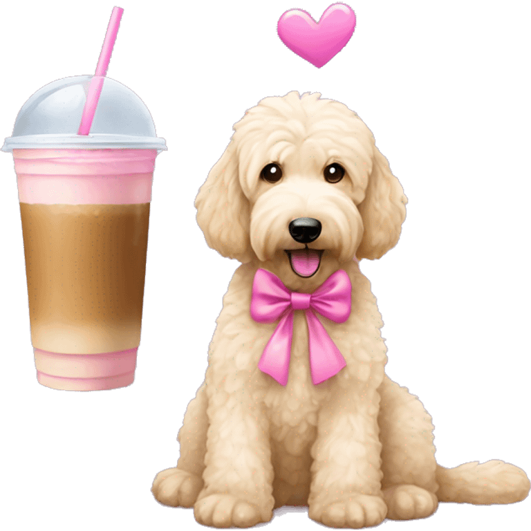 golden doodle with pink bow sipping iced coffee  emoji