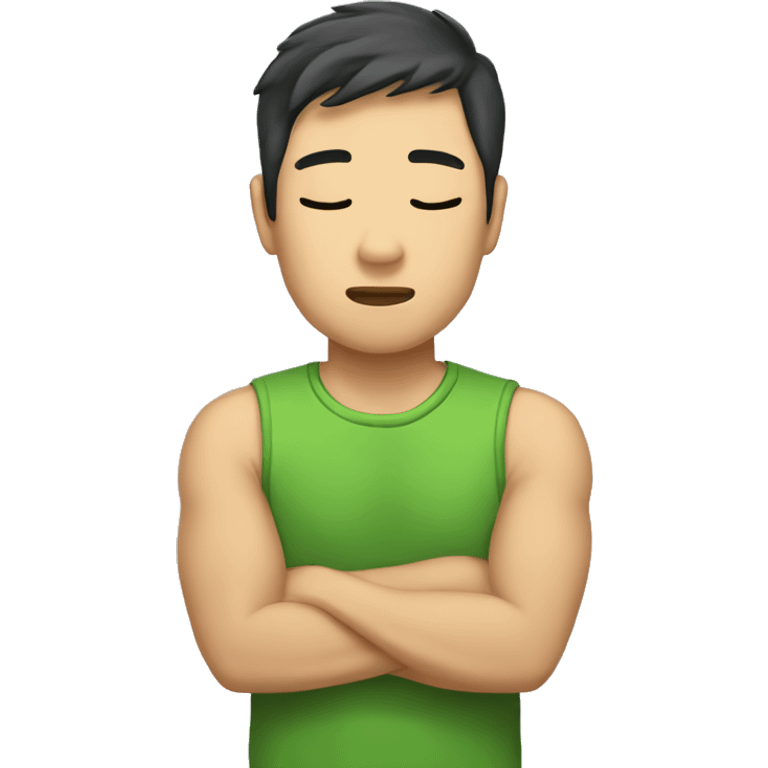 my asian boyfriend wearing green sleeveless t-shirt, sleeping emoji