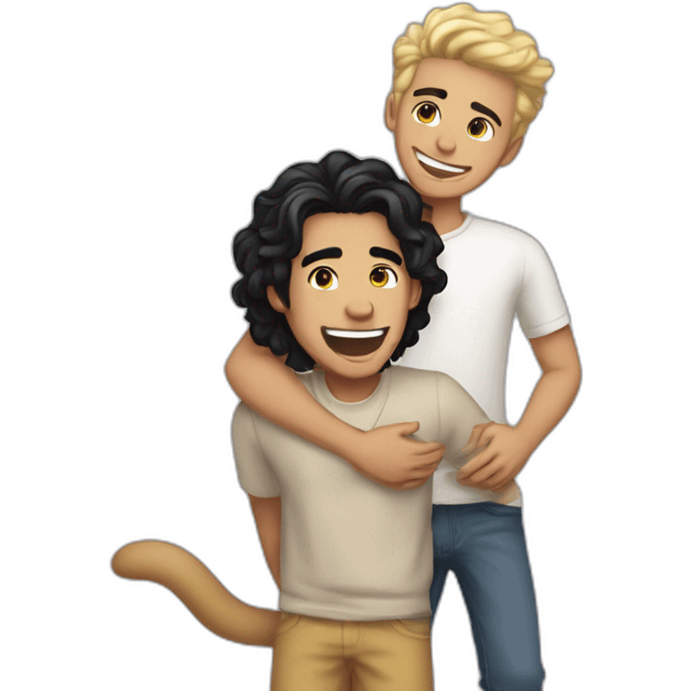 Gay couple, 1 guy Latino black straight hair and 1 Australian guy with blonde slightly curly hair with a cat laughing full body by emoji