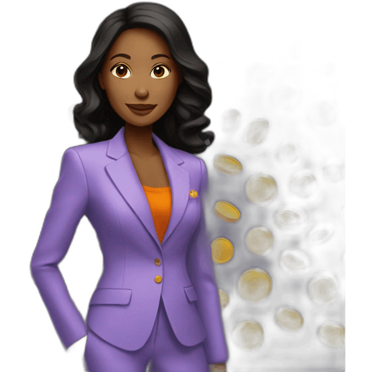 Posh-woman-with-orange-suit-holding-golden-coins emoji